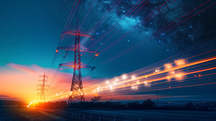 Powerline towers at sunset with dynamic digital light trails, technology concept
