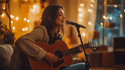 Fototapeta premium A cozy scene of a woman playing guitar and singing in a warm, softly lit room adorned with fairy lights.
