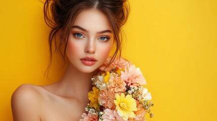 Fototapeta premium A young woman with flowers on a bright yellow background.