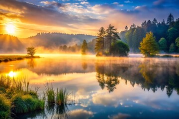 Fototapeta premium Serene Foggy Lake at Dawn with Bokeh Effect, Tranquil Morning Reflections and Soft Light, Nature Photography, Calm Water, Scenic Landscape, Peaceful Atmosphere