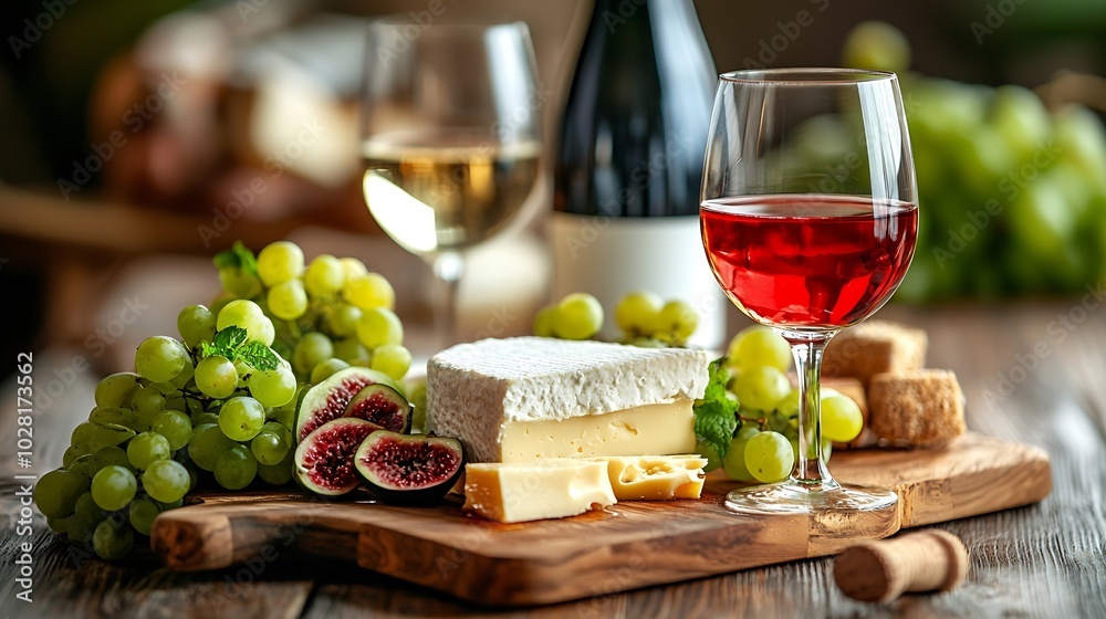 Poster cheese and fruits on cutting board with red white wine wooden background copy space top view : gener