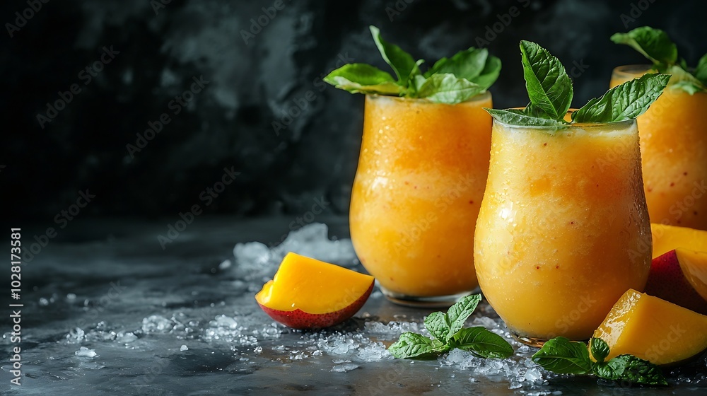 Aufkleber fresh tropical fruit smoothie mango juice and fresh mango on grey background : generative ai
