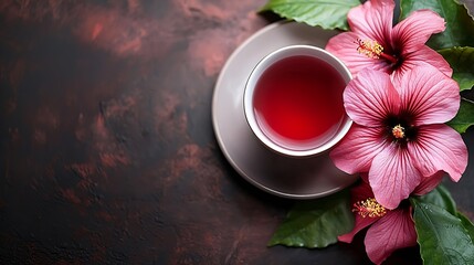 Hibiscus tea background Close up Top view : Generative AI