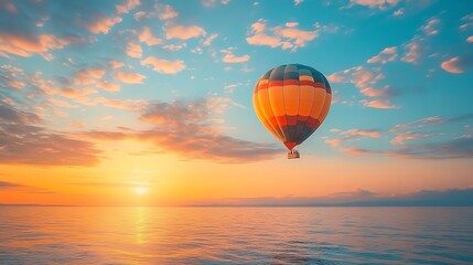 Obraz premium Colorful hot air balloon soaring over a serene ocean at sunset.
