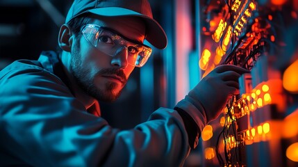 Electrician working on circuits in a control room with bright lights.