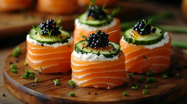 Smoked salmon rolls with cream cheese cucumber black caviar and chives : Generative AI