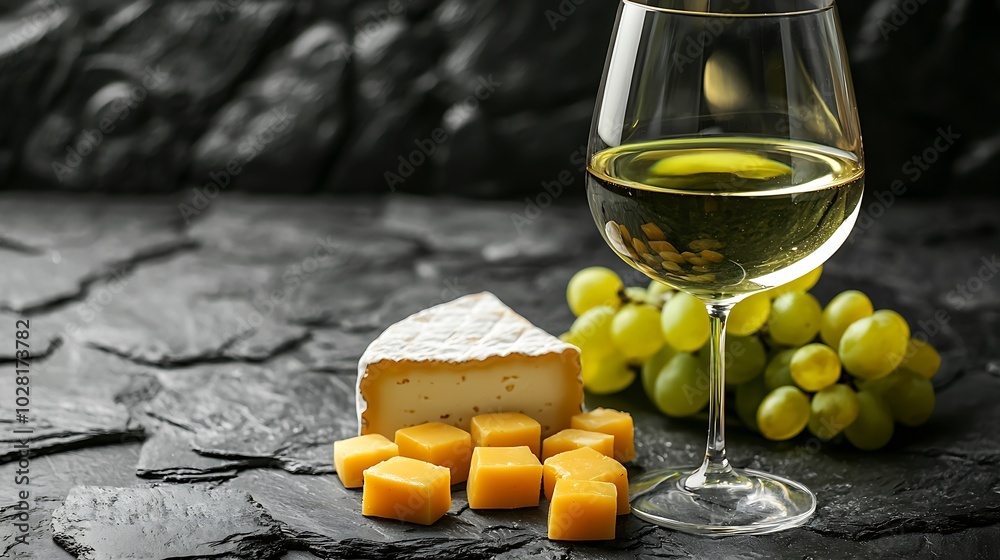 Poster Glass of white wine and assorted cheese with grape on a stone and slate backgroundCopy space : Generative AI