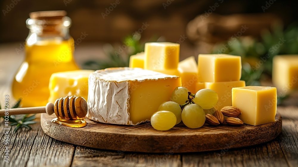Aufkleber Assortment of cheese with honey nuts and grape on a rustic cutting board wooden background : Generative AI