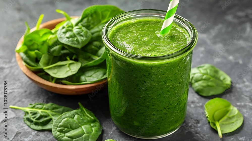Aufkleber spinach smoothie healthy drink in glass jar on grey stone background : generative ai
