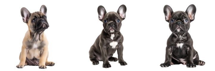 A cute French bulldog puppy sits attentively with its ears perked up, isolated on transparent background