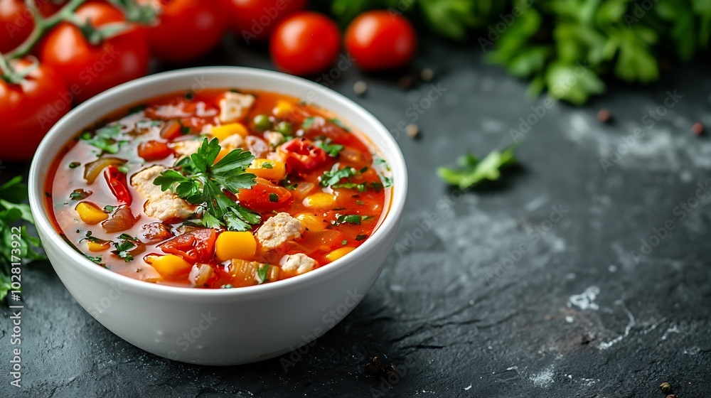 Aufkleber chicken soup with vegetables in white bowl grey stone background close up : generative ai