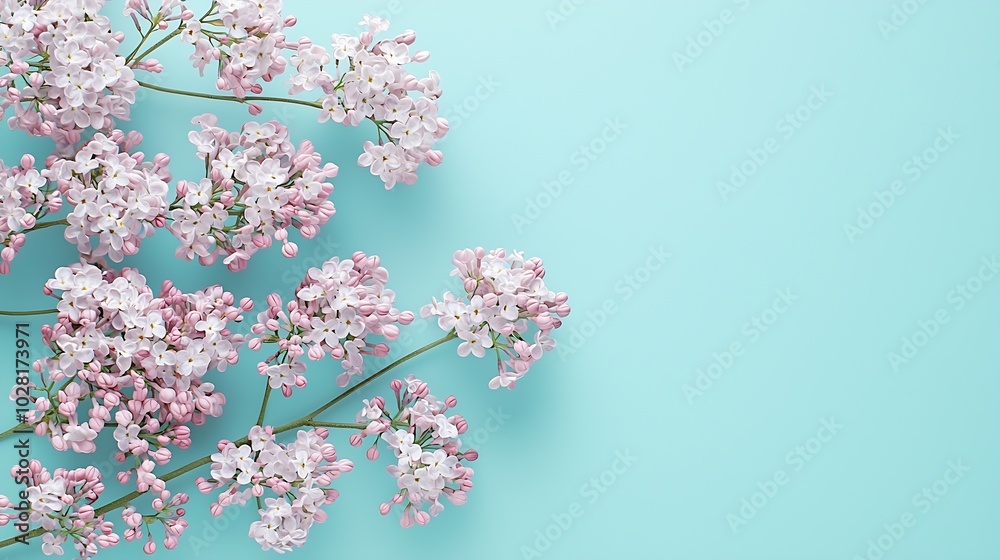 Poster bunch of lilac flowers on a turquoise background top view copy space : generative ai