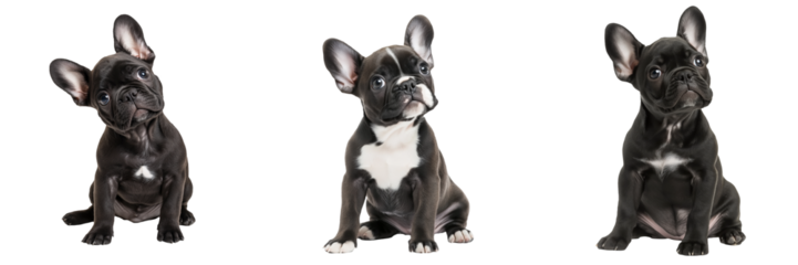 A cute French bulldog puppy sits attentively with its ears perked up, isolated on transparent background