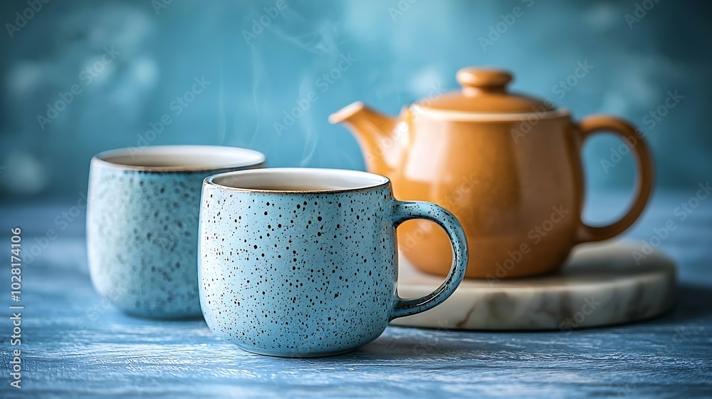 Poster tea in mugs with teapot on marble background close up : generative ai