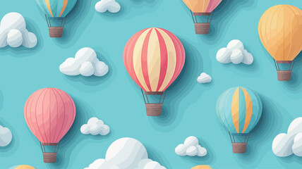 Hot air balloon flying in the sky. Paper art style. Vector illustration.