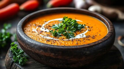 Pumpkin and carrot soup with cream and parsley on dark wooden background : Generative AI