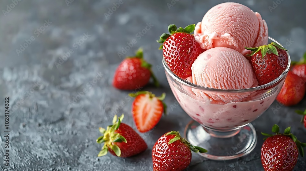 Aufkleber strawberry ice cream in a glass bowl on grey background close up copy space : generative ai