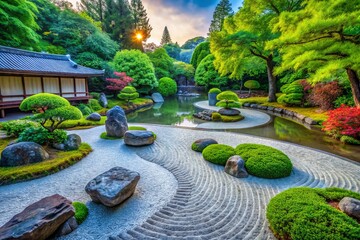 Serene Zen Garden with Tranquil Water Features and Lush Greenery – A Peaceful Escape into Nature's Harmony