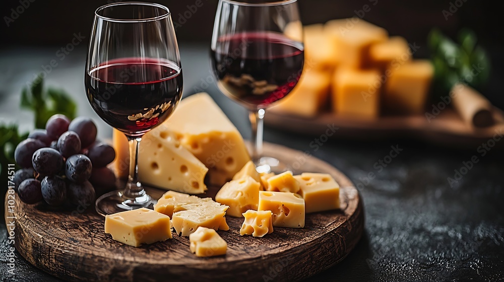 Poster cheese assortment with red wine in glasses stone and wood background copy space : generative ai