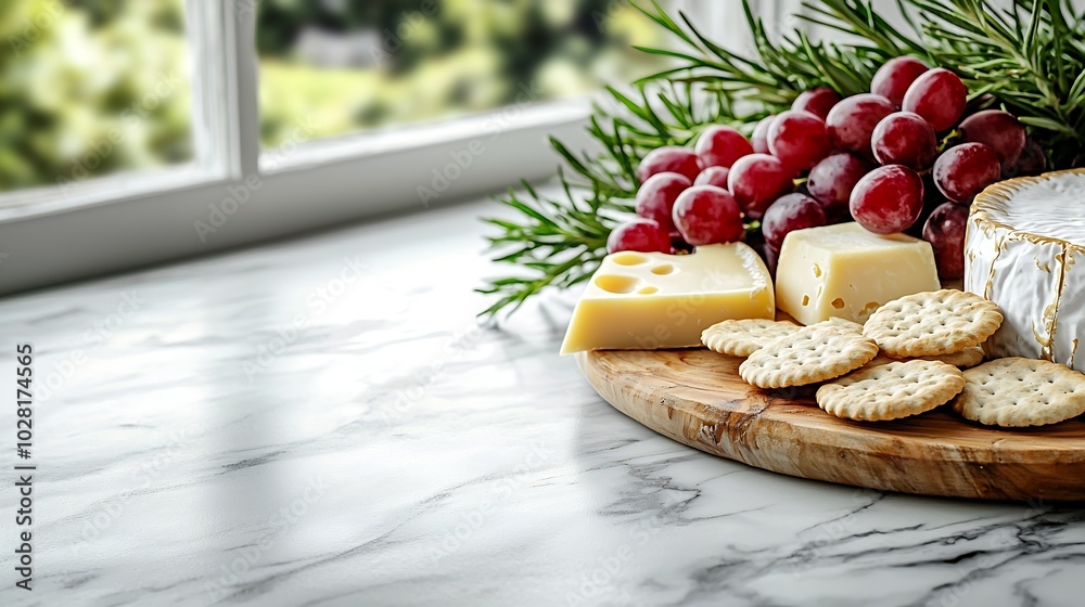 Poster Assortment of cheese grapes and crackers Marble background Top view Copy space : Generative AI