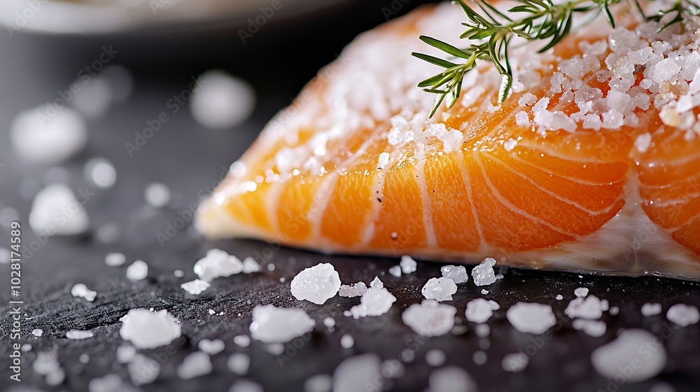 Poster salmon fish fillet with sea salt on slate dark background close up : generative ai
