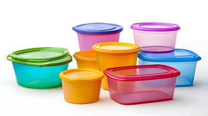 Plastic food storage containers on a white background. 