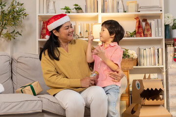 Heartwarming scene of grandmother and young child sitting together on couch, sharing joyful moment during Christmas season. they are surrounded by festive decorations and wrapped gifts