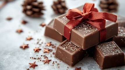 Chocolate mediants bites candies with Christmas ribbon on marble table background Close up : Generative AI