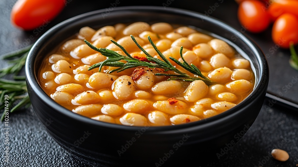 Poster bean soup in a black bowl dark background copy space top view : generative ai