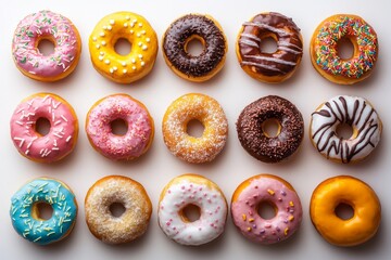 A variety of colorful donuts arranged in rows on a white background.