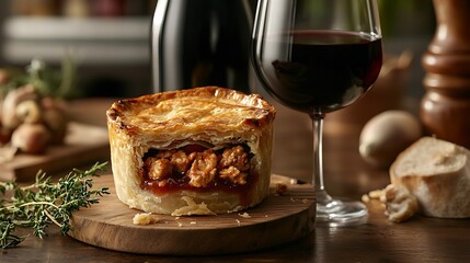 Piece of Meat Pie with wine Wooden background : Generative AI