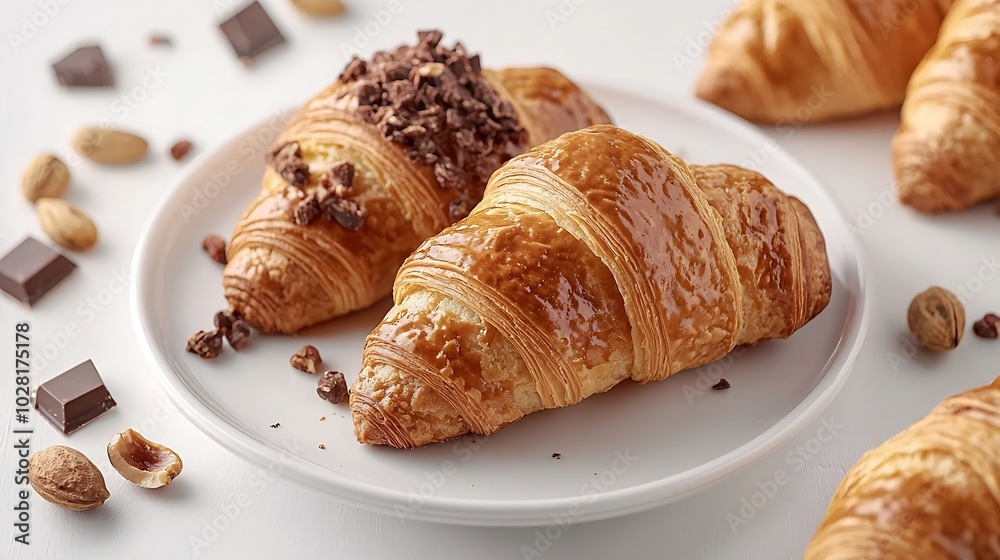 Poster fresh croissants with cream cheese and chocolate and nut cream on plate on a white background : gene