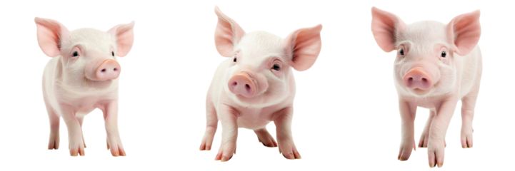 A domestic piglet with pink skin and floppy ears, isolated on a transparent background