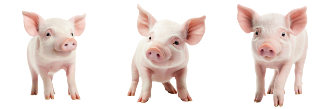 A domestic piglet with pink skin and floppy ears, isolated on a transparent background