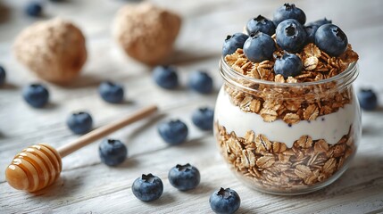 Healthy breakfast Fresh granola muesli in a glass jar with yogurt fresh blueberry and honey on a white wooden background : Generative AI