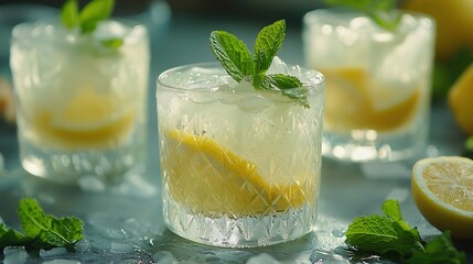 Fototapeta premium Lemonade lemon mint cocktail in glasses and jug Grey background Close up : Generative AI