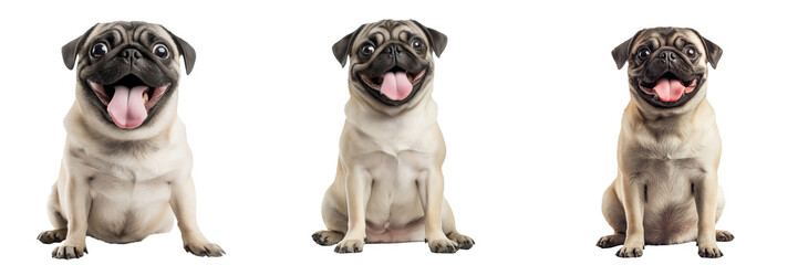 A pug sitting with its tongue out and a playful expression, isolated on a transparent background