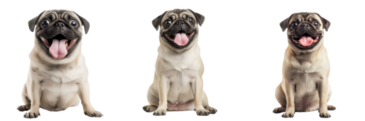A pug sitting with its tongue out and a playful expression, isolated on a transparent background