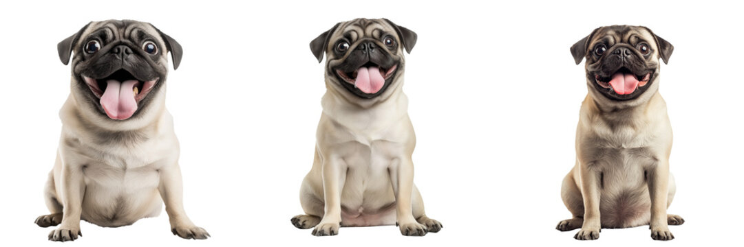 A pug sitting with its tongue out and a playful expression, isolated on a transparent background