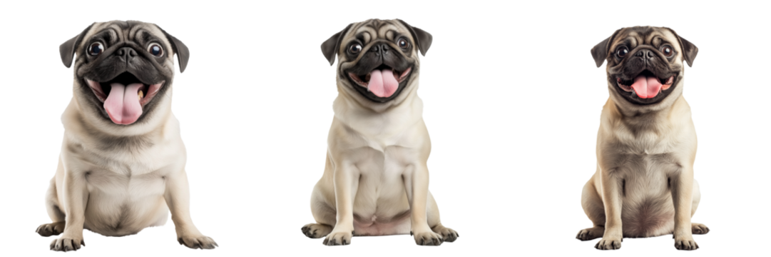 A pug sitting with its tongue out and a playful expression, isolated on a transparent background