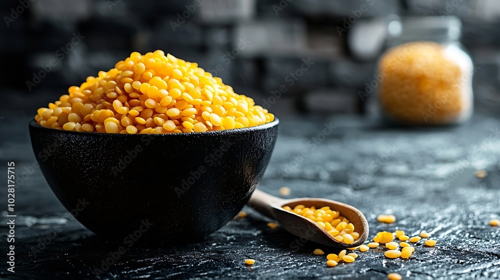 Poster yellow lentil in black bowl and scoop on slate background copy space : generative ai