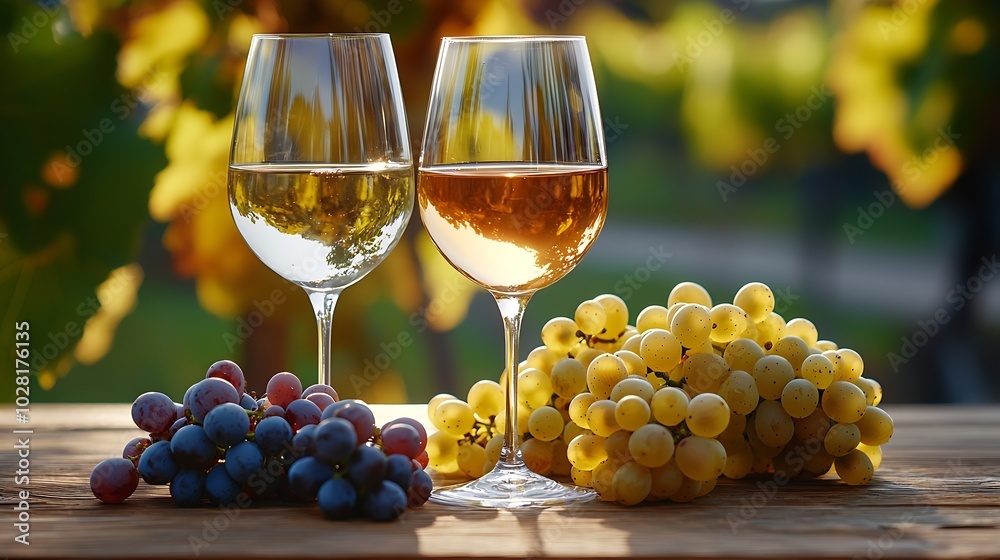 Poster glass of red and white wine with fresh grape assortment on wooden table close up : generative ai