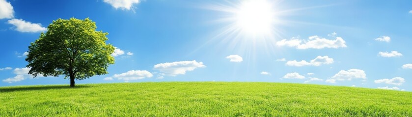 Sunny Day Green Grass Field Landscape with Tree and Blue Sky