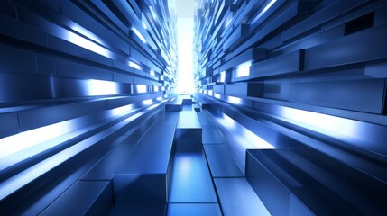 Wallpaper Abstract background featuring a futuristic corridor made of shiny blue metallic blocks and illuminated by white neon lights
