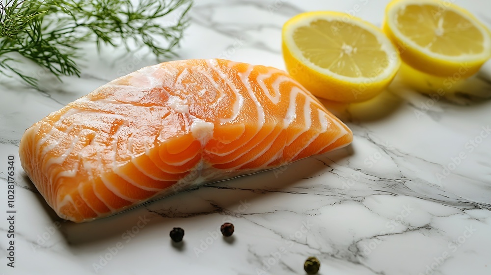 Poster salmon fish steak marble background copy space top view : generative ai