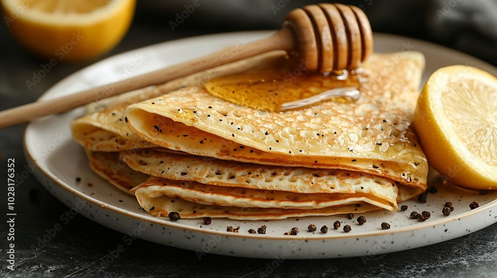 Poster crepes blini thin pancakes with honey on a white plate marble background top view : generative ai