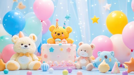 Fototapeta premium Cute teddy bears with birthday cake and colorful balloons for celebration