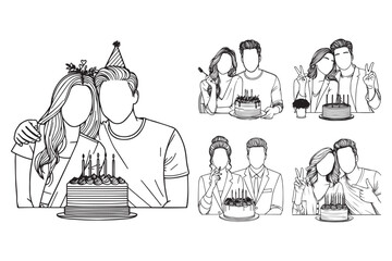 Line Art Cheerful Couple Celebrate Birthday With Cake Photo Art Black and White Illustration Hand Drawn Clipart