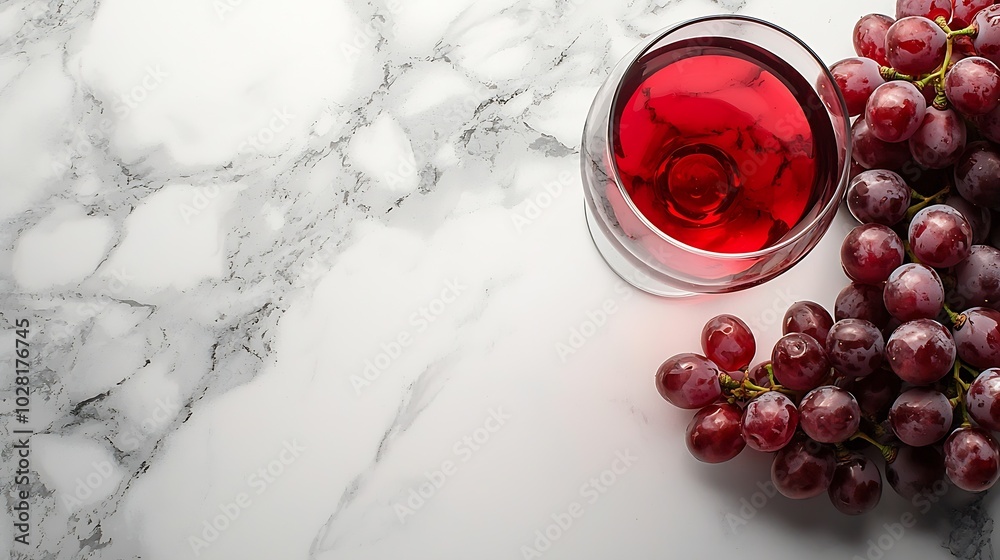 Aufkleber Red wine in glass with fresh grape on marble table background Top view Copy space : Generative AI