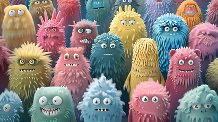 A flat illustration inspired, loads of different scruffy looking monsters in different colours are put in rows, Generative AI illustratiions.
